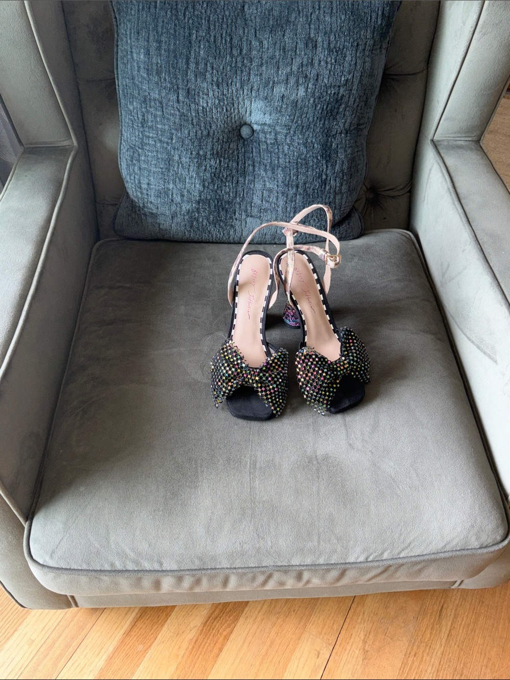 Betsey Johnson Black Crystal Bow Peep-Toe Heels with Ankle Strap